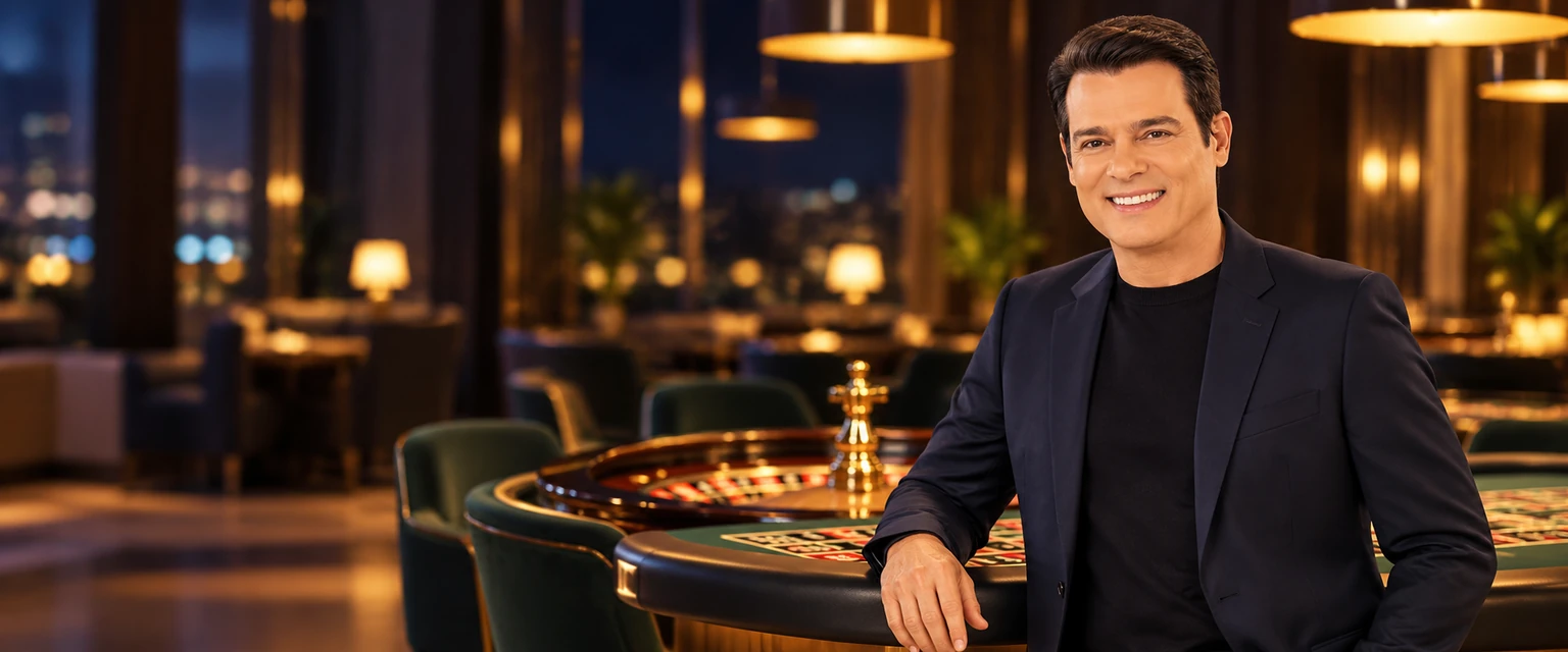 Celso Portiolli em um ambiente com mesa de roleta